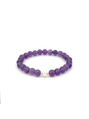14K Solid Gold Tiny Beads Freshwater Pearl Amethyst Stretch Gemstone Bracelet